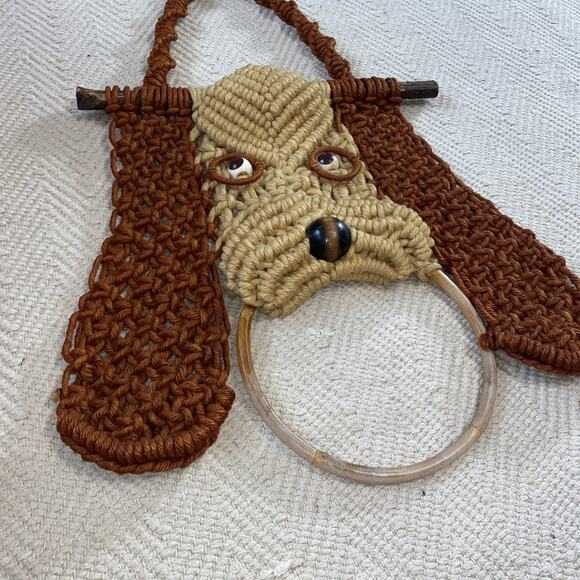 VTG 70s Retro Handmade Macrame Guest Towel Holder DOG Embellishment - Picture 3 of 11